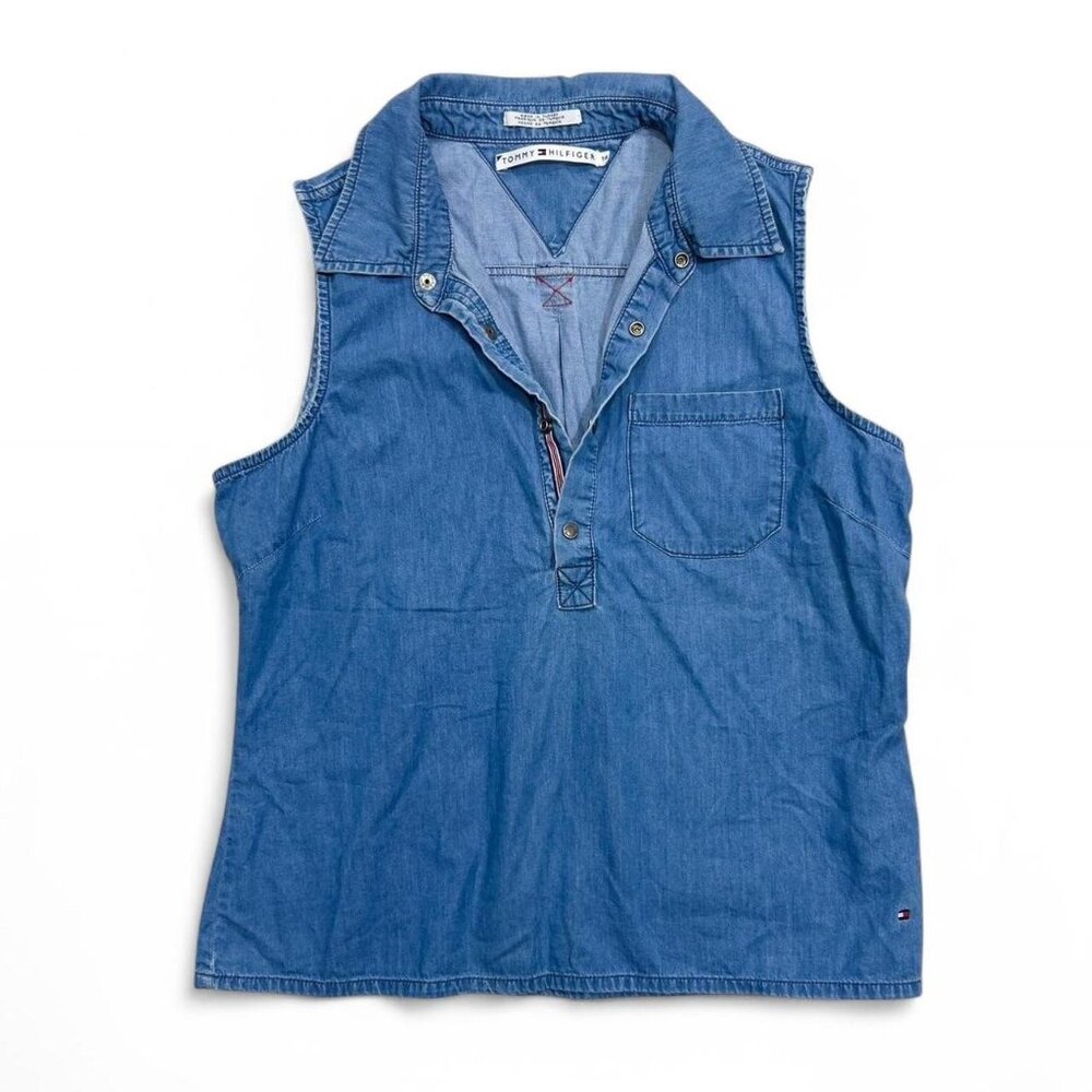 Tommy Hilfiger Women’s Soft Denim Snap Button‎ V-Neck Tank Top Collared Size 14